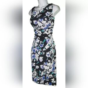 Lauren Ralph Lauren Blue White Floral Jersey Drape Neck Bodycon Dress LRL Sz 6